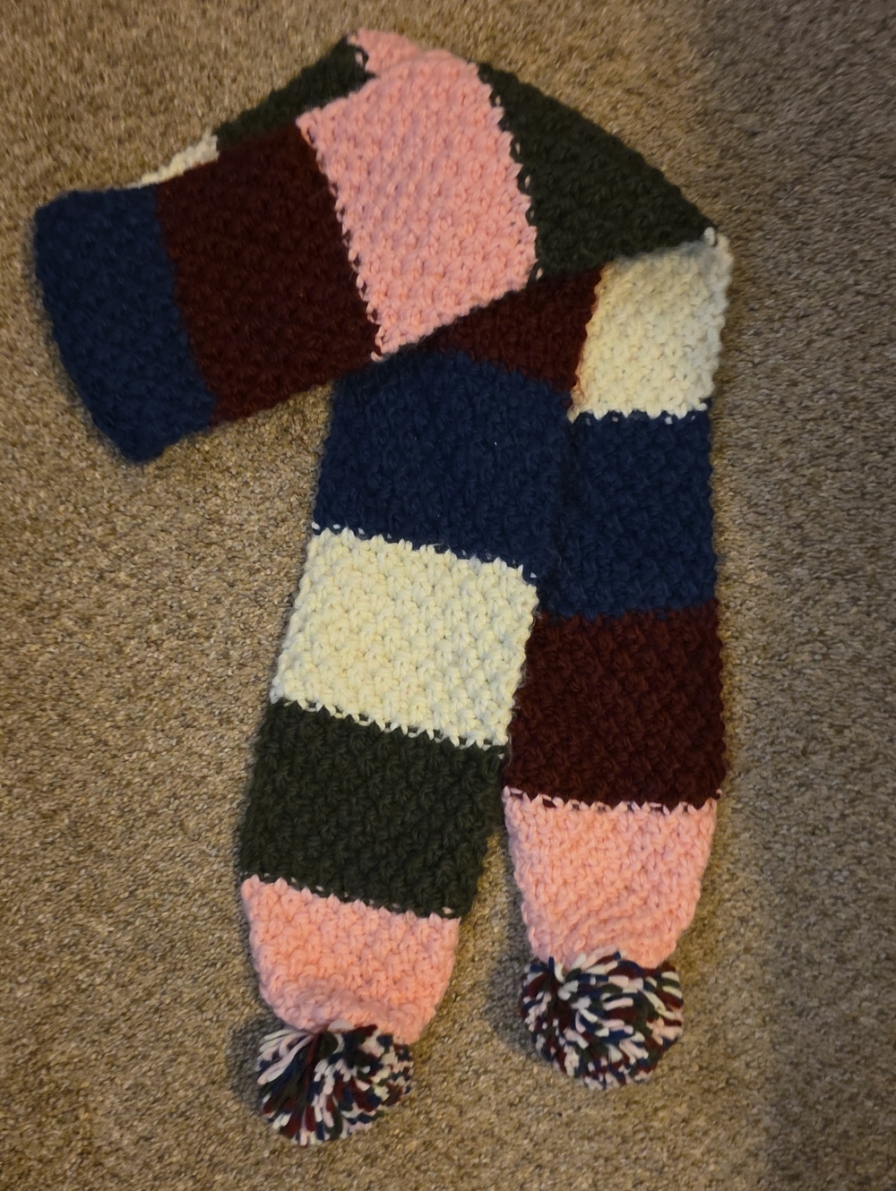 Chunky Crochet Pom-Pom Scarf in Pink, Navy, Cream, Green & Burgundy